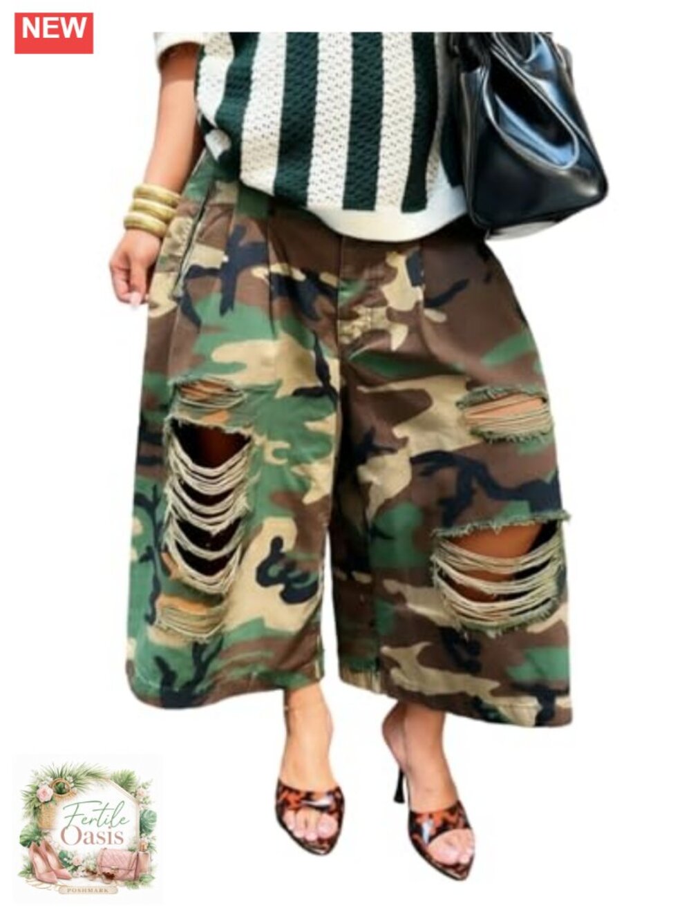 High Waisted Ripped Camo Wide Leg Capri Pants Distressed Baggy Crop